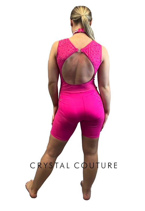 Hot Pink Biketard with Mesh - Rhinestones