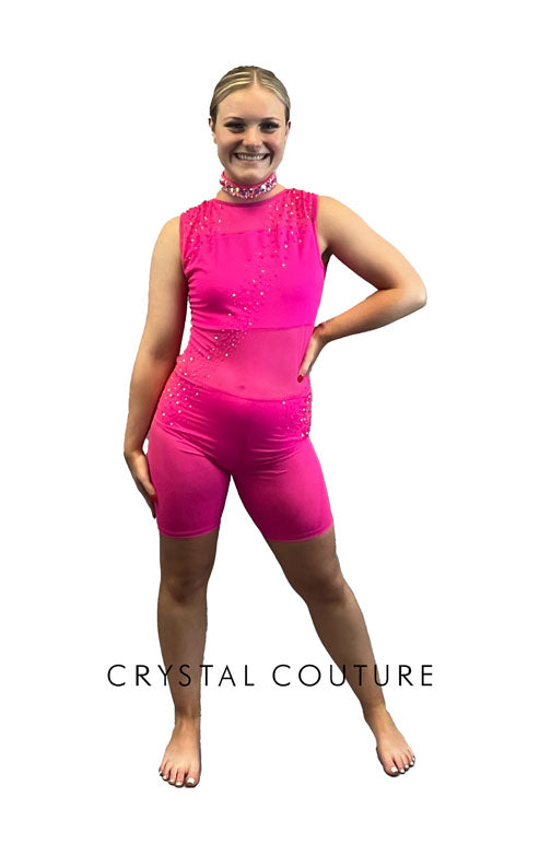 Hot Pink Biketard with Mesh - Rhinestones