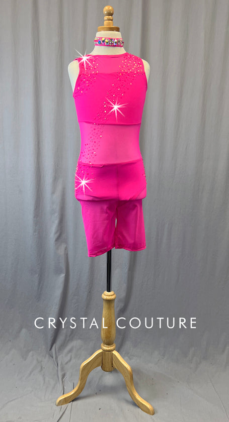 Hot Pink Biketard with Mesh - Rhinestones