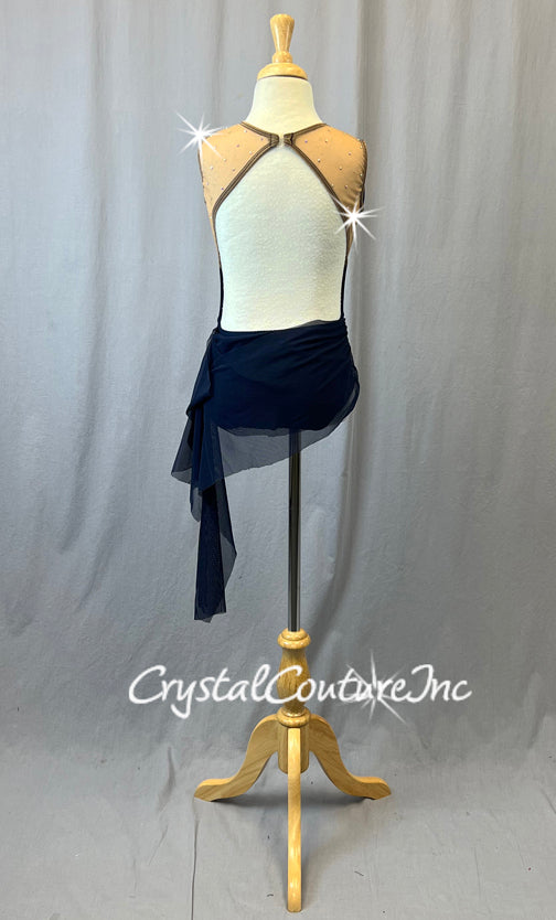 Navy Leotard with Open Back and Asymmetrical Mesh Skirt - Rhinestones