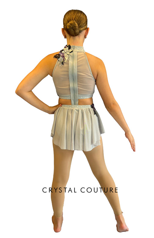 Gray High Neck Leotard with Mesh and Purple Floral Appliques - Rhinestones