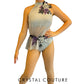 Gray High Neck Leotard with Mesh and Purple Floral Appliques - Rhinestones