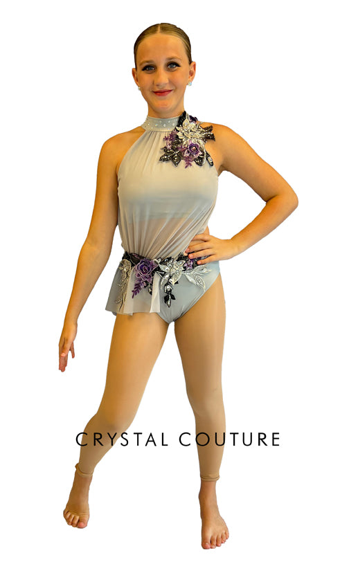 Gray High Neck Leotard with Mesh and Purple Floral Appliques - Rhinestones