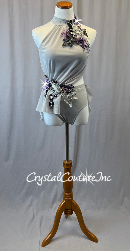 Gray High Neck Leotard with Mesh and Purple Floral Appliques - Rhinestones