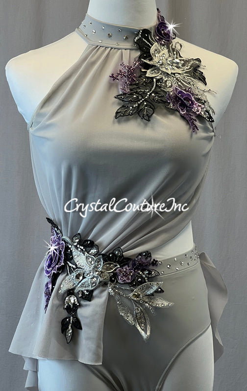 Gray High Neck Leotard with Mesh and Purple Floral Appliques - Rhinestones
