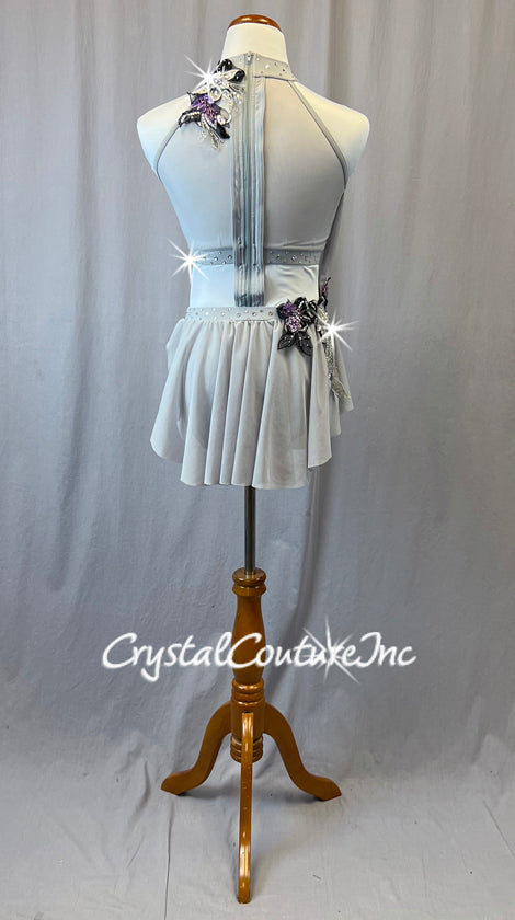 Gray High Neck Leotard with Mesh and Purple Floral Appliques - Rhinestones