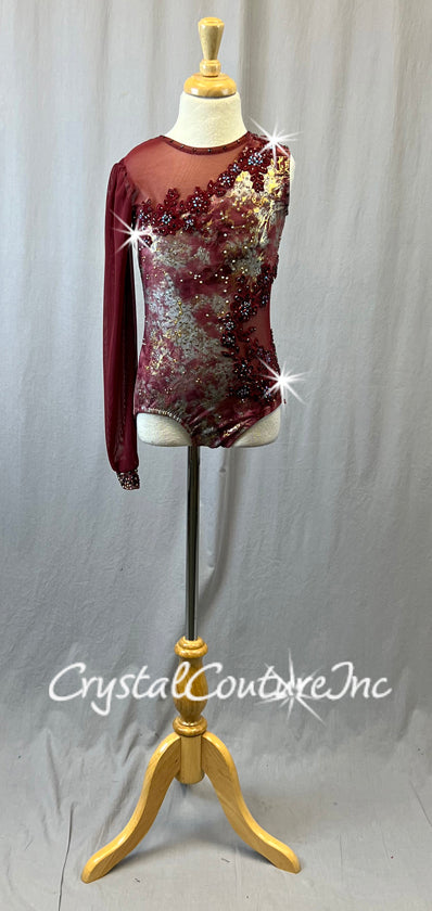 Custom Burgundy One Arm Leotard with Grey & Metallic Gold Pattern - Appliques & Rhinestones