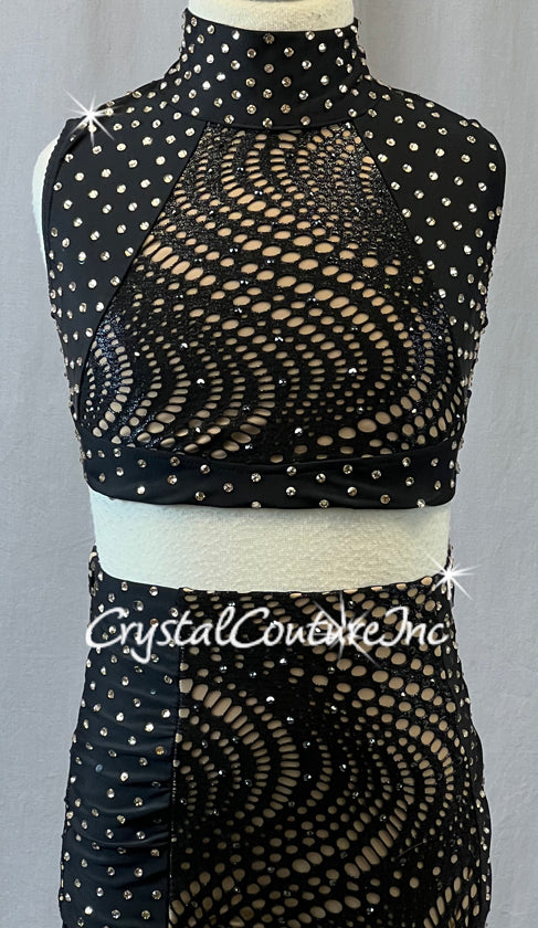 Two Piece Top and High Waisted Trunk with Black Swirled Netting - Rhinestones