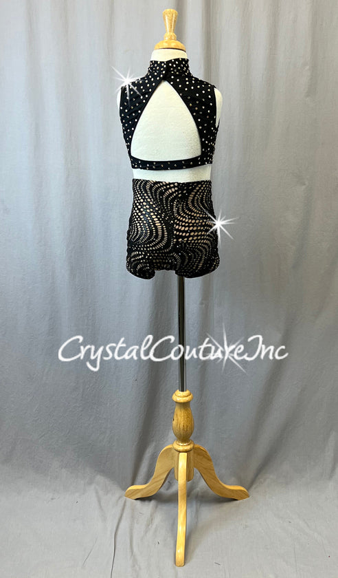 Two Piece Top and High Waisted Trunk with Black Swirled Netting - Rhinestones
