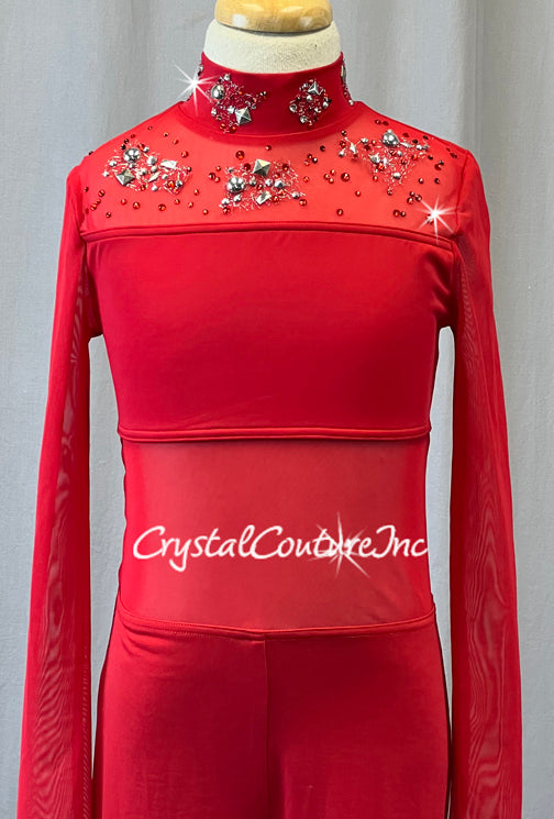 Red Wide Leg Jumpsuit with Mesh - Rhinestones