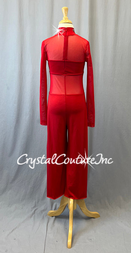 Red Wide Leg Jumpsuit with Mesh - Rhinestones
