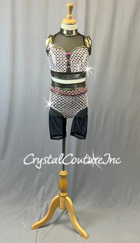 White Lattice Mesh Two Piece with Mesh Shorts - Rhinestones