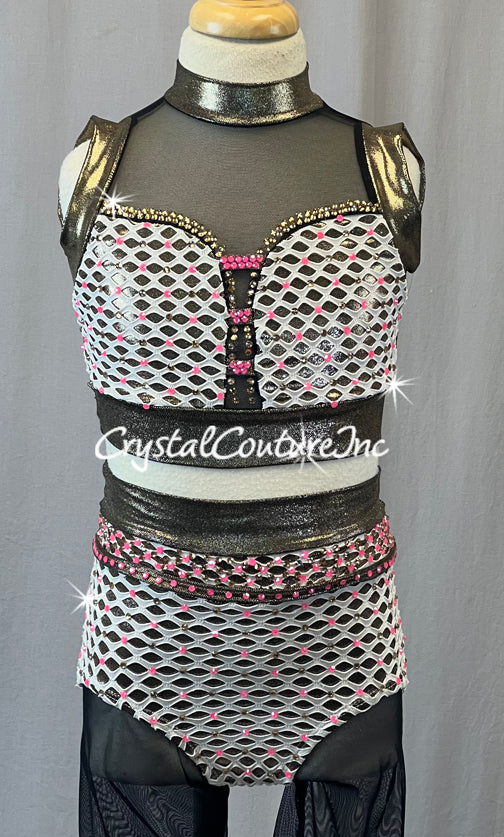 White Lattice Mesh Two Piece with Mesh Shorts - Rhinestones