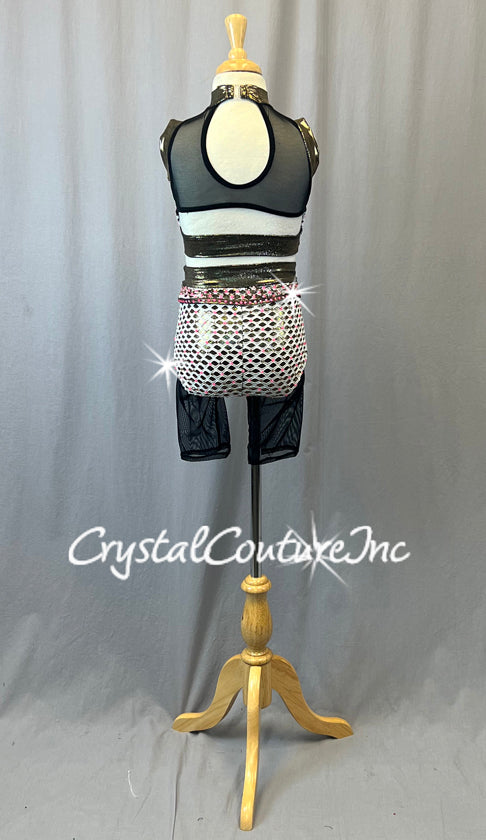 White Lattice Mesh Two Piece with Mesh Shorts - Rhinestones