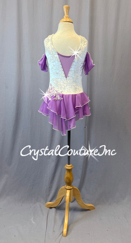Velvet Ivory Leotard with Purple Off Shoulder Sleeves & Tiered Half Skirt - Rhinestones & Appliques