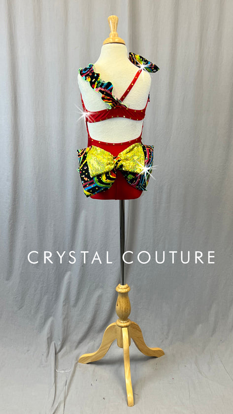 Red Leotard with Multicolor Ruffles & Bow - Rhinestones