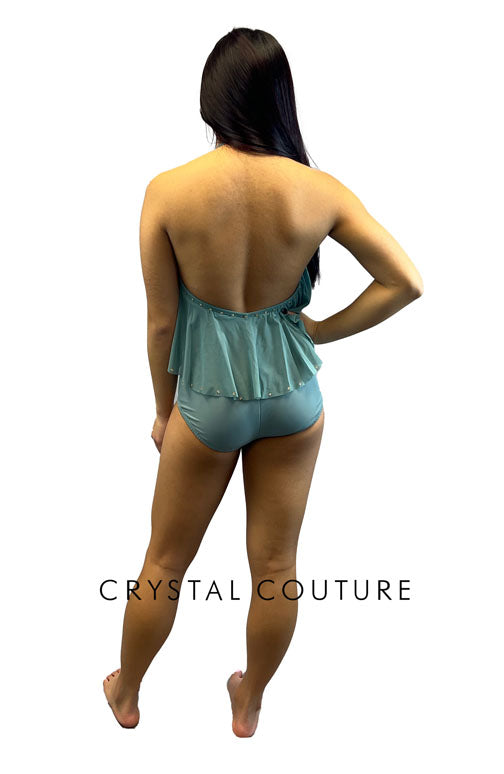 Dusty Blue Halter Leotard with Mesh Overlay - Appliques & Rhinestones
