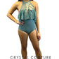 Dusty Blue Halter Leotard with Mesh Overlay - Appliques and Rhinestones