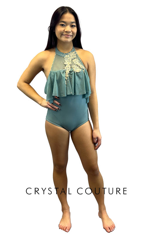 Dusty Blue Halter Leotard with Mesh Overlay - Appliques & Rhinestones