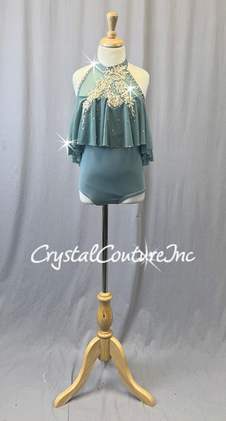 Dusty Blue Halter Leotard with Mesh Overlay - Appliques & Rhinestones