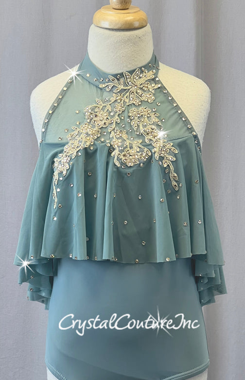 Dusty Blue Halter Leotard with Mesh Overlay - Appliques & Rhinestones