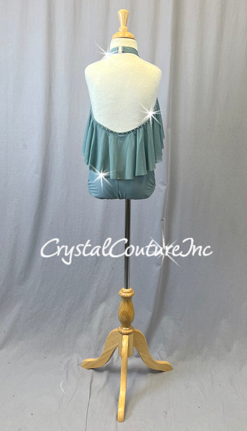 Dusty Blue Halter Leotard with Mesh Overlay - Appliques & Rhinestones