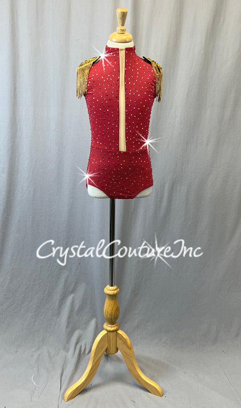 Red High Neck Leotard with Gold Chainmail Epaulettes - Rhinestones