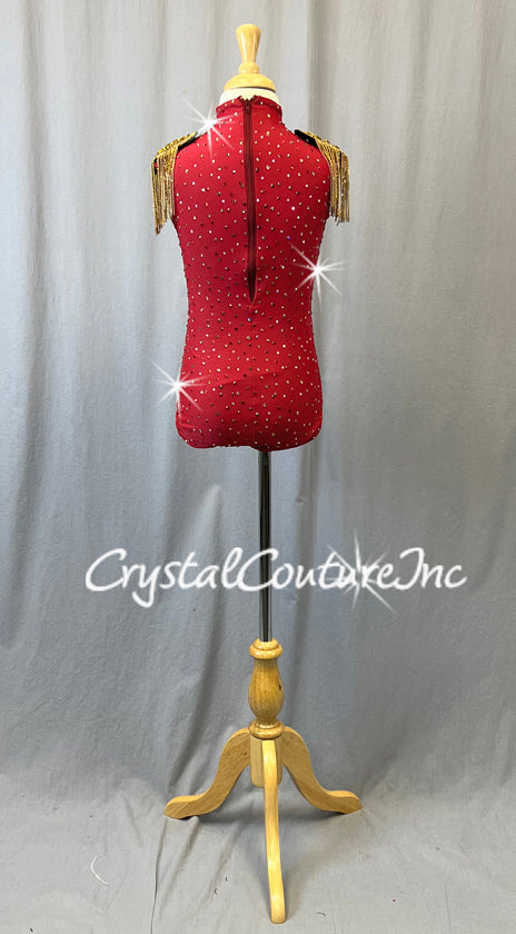 Red High Neck Leotard with Gold Chainmail Epaulettes - Rhinestones