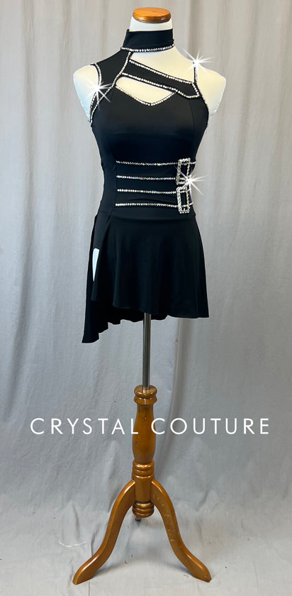 Black Asymmetrical Dress with Buckles and Rhinestones