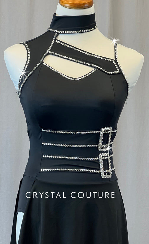 Black Asymmetrical Dress with Buckles - Rhinestones