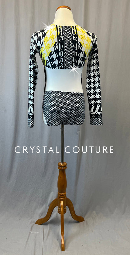 Black, White, and Yellow Patterned Long Sleeve Leotard - Rhinestones