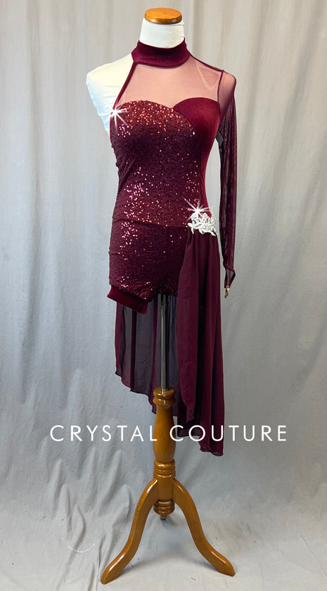 Maroon Asymmetrical Biketard with Mesh and Half Skirt