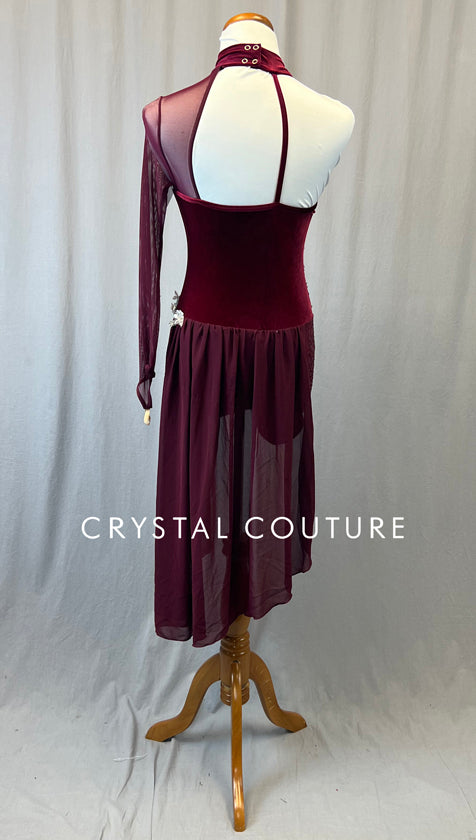 Maroon Asymmetrical Biketard with Mesh and Half Skirt