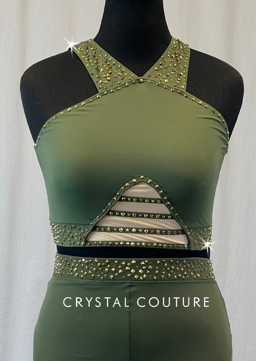Army Green Two Piece with Mesh Crop Leggings - Rhinestones