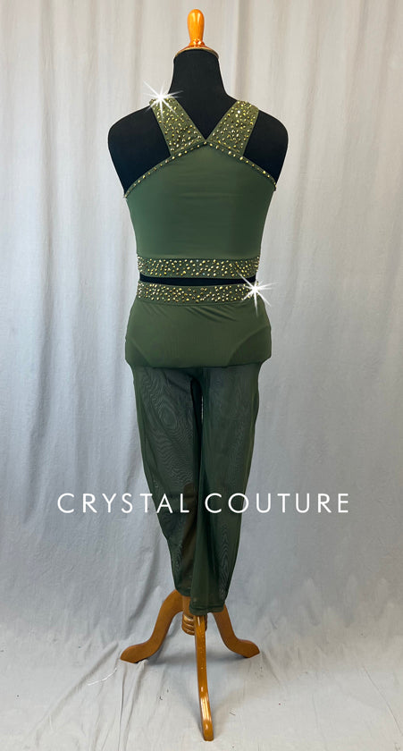 Army Green Two Piece with Mesh Crop Leggings - Rhinestones