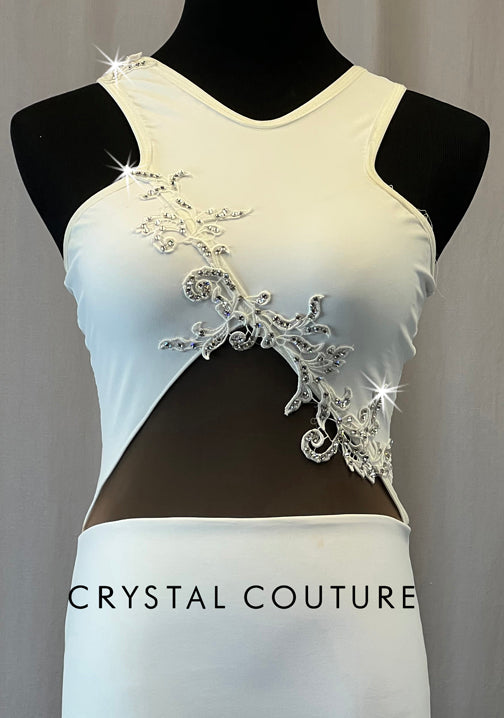 White Unitard with Appliques and Mesh Cutouts - Rhinestones