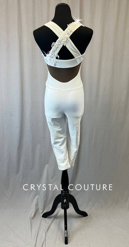 White Unitard with Appliques and Mesh Cutouts - Rhinestones