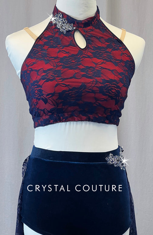 Red & Navy Lace Two Piece with Half Skirt - Appliques & Rhinestones