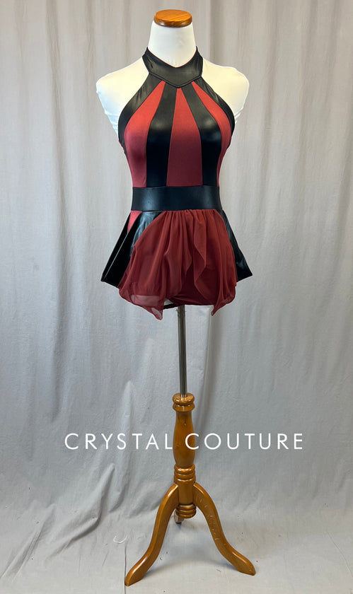 Black and Maroon High Neck Leotard with Mesh Skirt