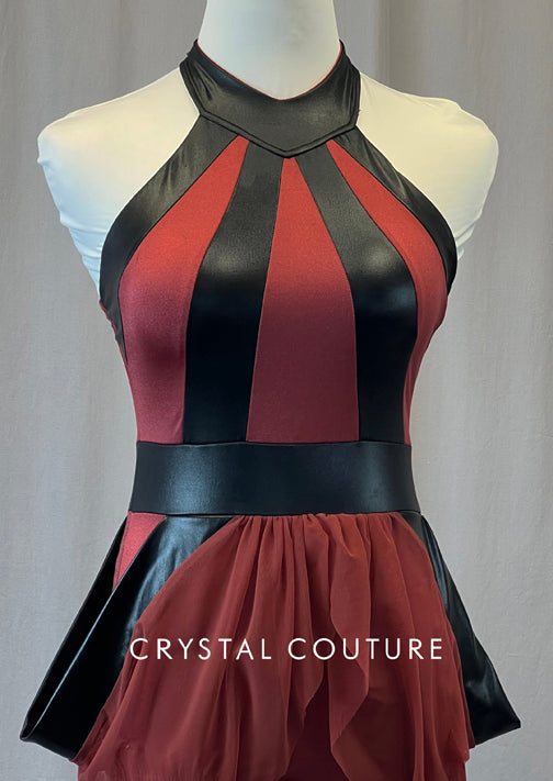 Black and Maroon High Neck Leotard with Mesh Skirt