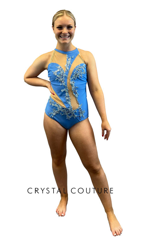 Blue Cutout Leotard with Mesh Wings - Appliques and Rhinestones