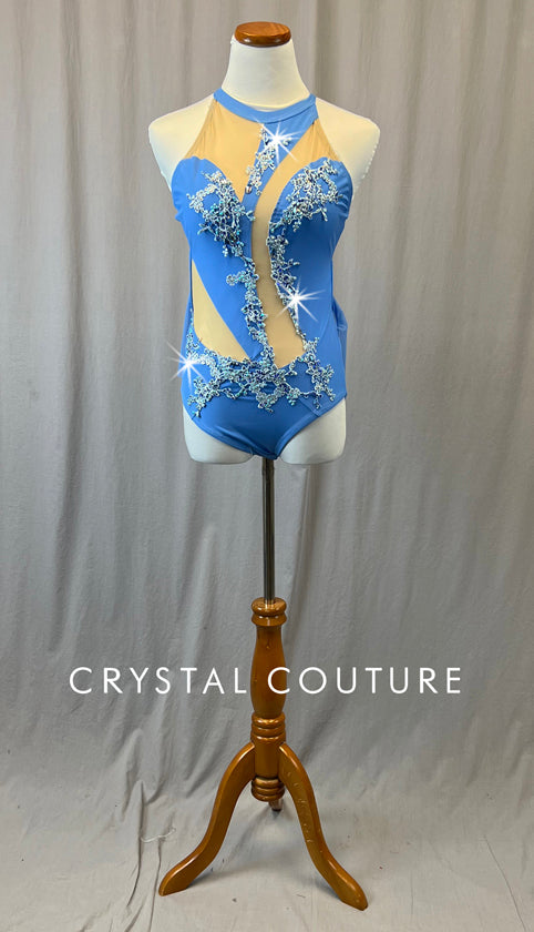 Blue Cutout Leotard with Mesh Wings - Appliques and Rhinestones