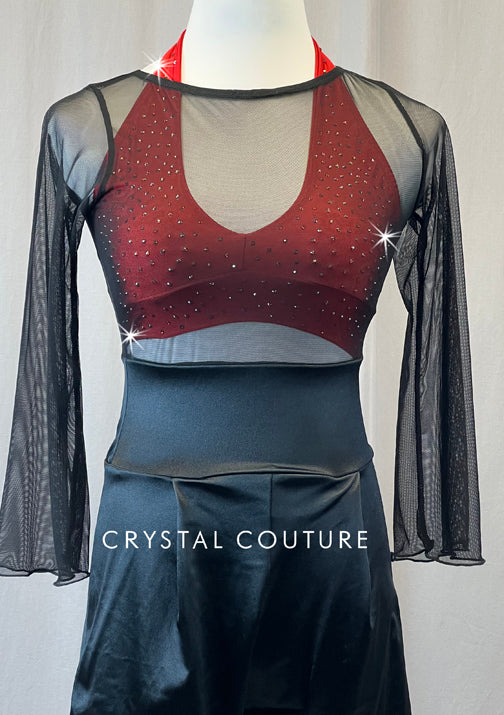Red Halter with Black Mesh Unitard Overlay - Rhinestones