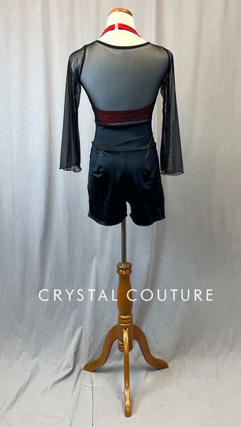 Red Halter with Black Mesh Unitard Overlay - Rhinestones