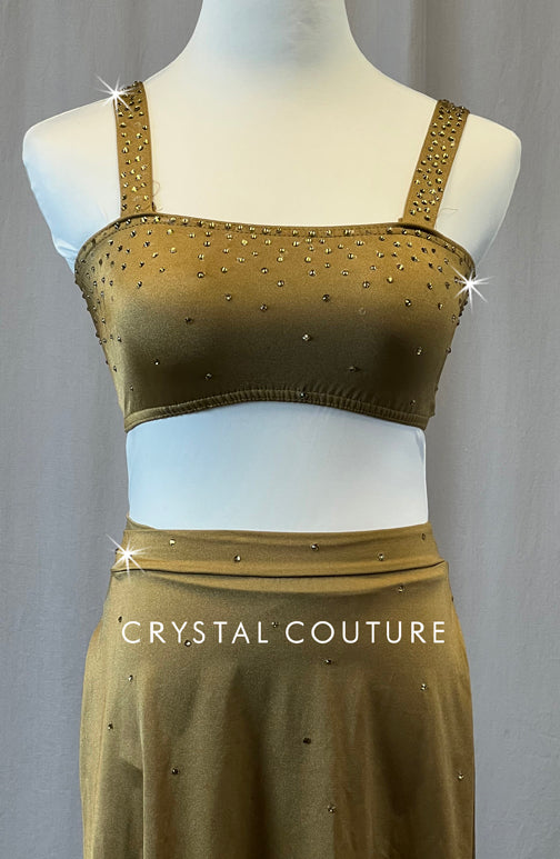 Golden Brown Two Piece with Side Slit Skirt - Rhinestones