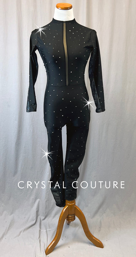 Black and Silver Unitard with Mesh Back - Rhinestones