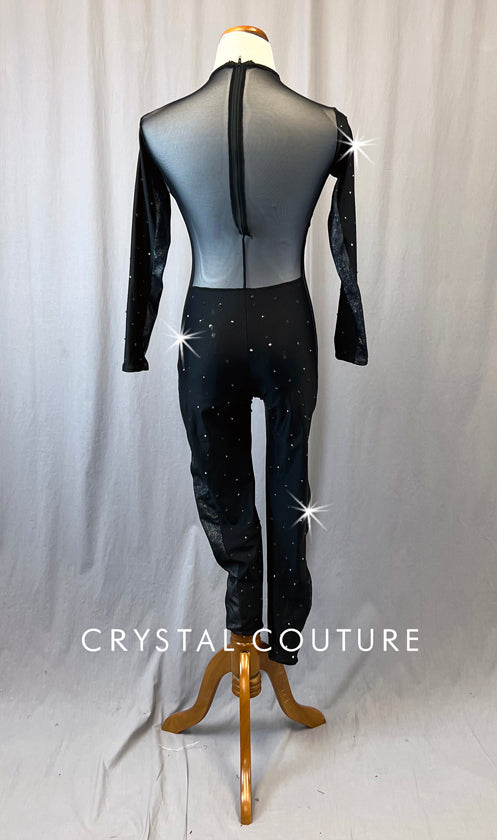 Black and Silver Unitard with Mesh Back - Rhinestones