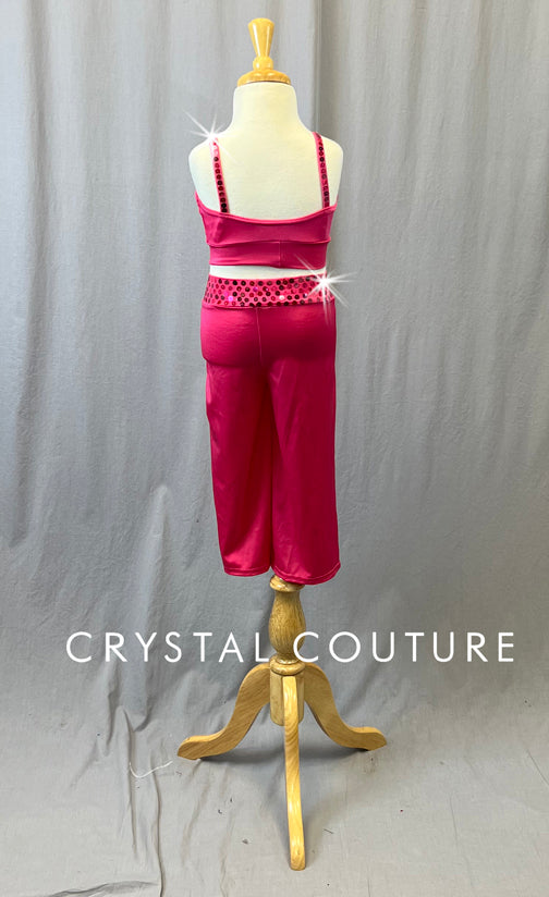Bright Pink Bra Top with Wide Leg Pants - Rhinestones