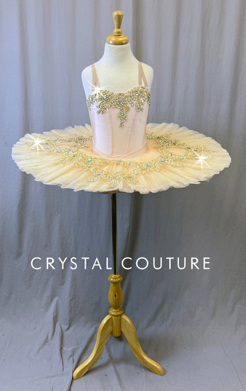 Peachy Pink Platter Tutu with Gold Appliques and Rhinestones