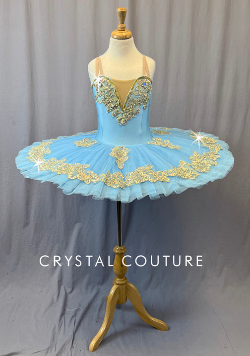 Sky Blue Platter Tutu with Gold Appliques and Rhinestones